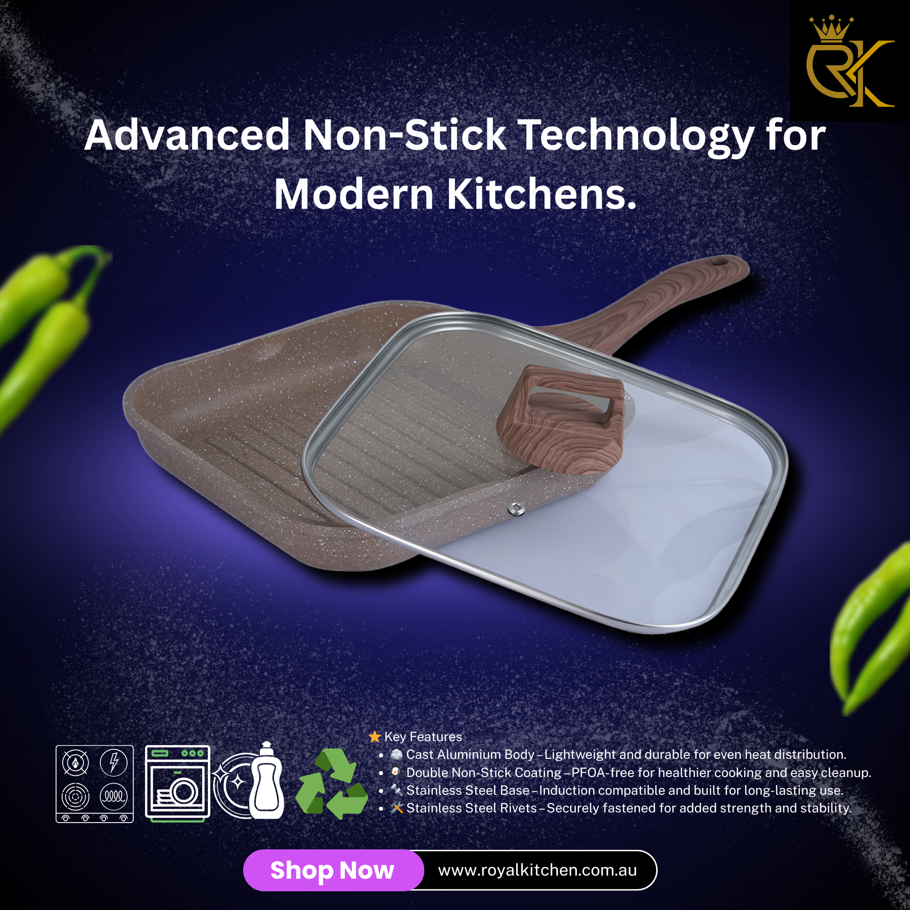 Stonetek Pro 28cm Non-Stick Grill Pan with Gl Lid